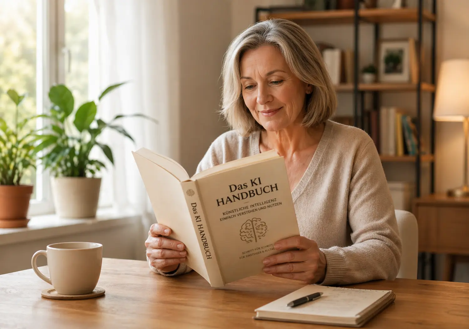 Frau liest entspannt das KI Handbuch am Küchentisch